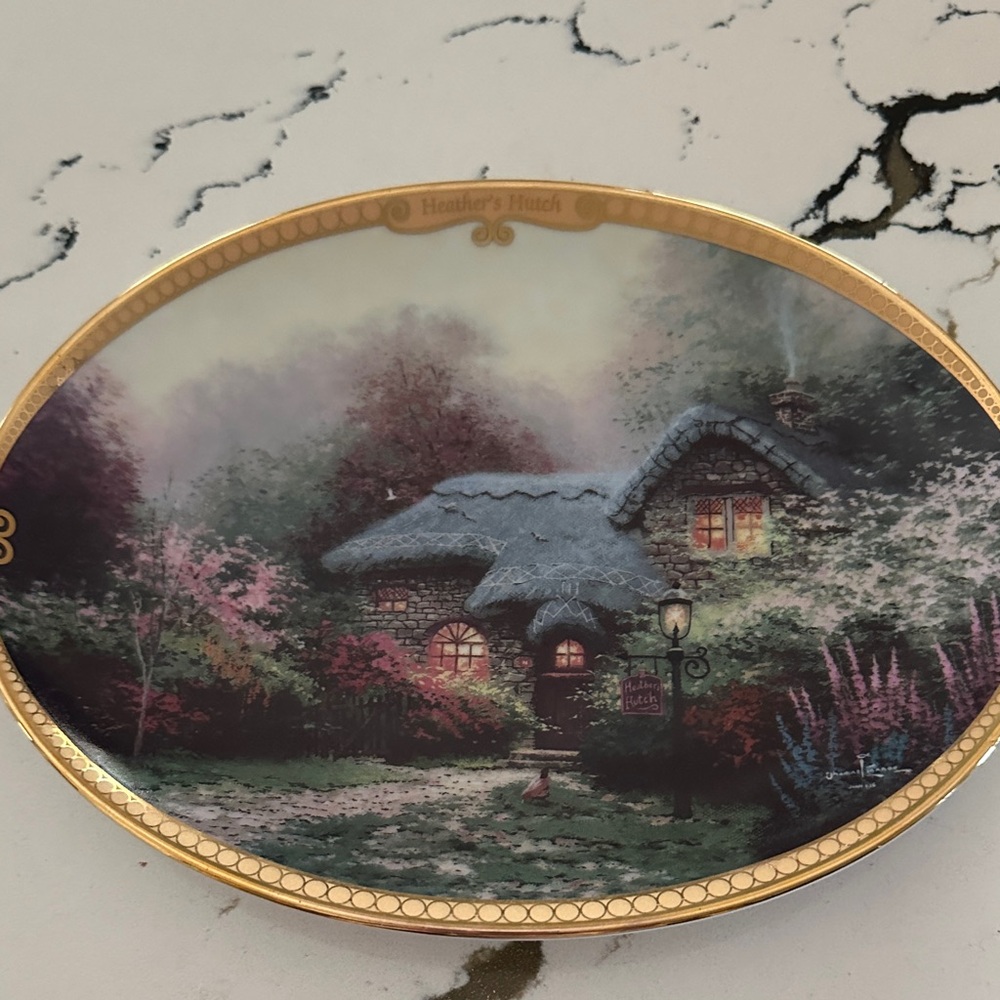 Thomas Kinkade Heather's Hutch Oval Plate - Gold, Green, Pink